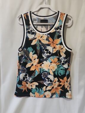 No Boundaries Black Tank Top with Orange Floral & Teal Accents